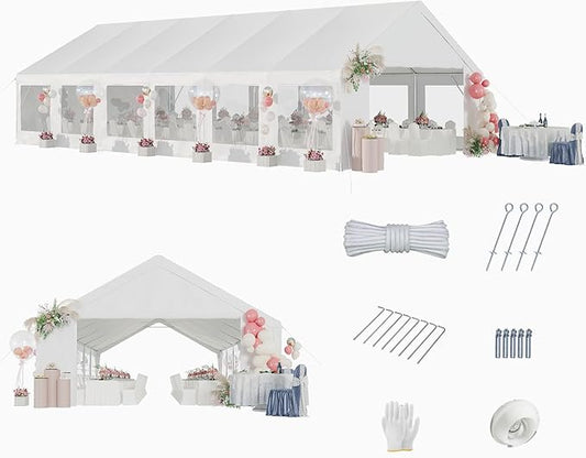 Aoxun 20x40 Party Tent Canopy for Weddings Waterproof Event Tent with Removable Sidewalls &Roll-up Door, Heavy-Duty Steel Frame for Outdoor Weddings, BBQ, Birthday Parties, & Camping,White