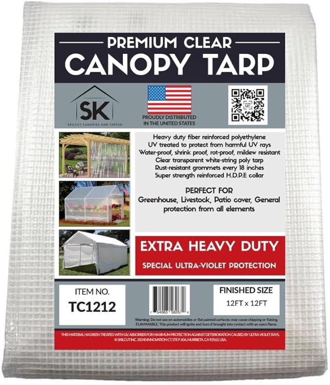 16 Mil Clear Poly Heavy Duty Tarp with Fiber Reinforcement - True Size Tarps with UV Protection, Tear Resistance, Flexibility, Reinforced Corners 12x12