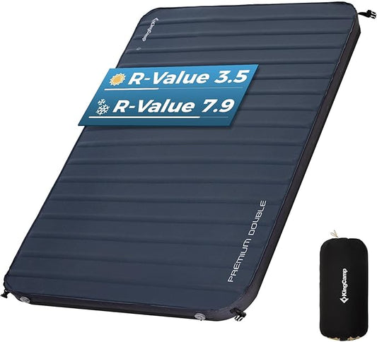 KingCamp Self Inflating Sleeping Pad, R 7.1/7.9 Dual Sided Air & Foam Camping Mattress 2 Person for All Seasons, 3" Thick Full Size Double Sleeping Pad for Camp Tent Outdoor Car, PVC Free