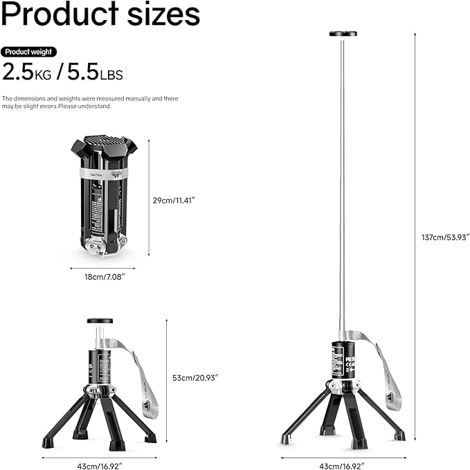 Rechargeable Work Light with Stand, 20000mah & 21h Runtime Light Tower，6500k 3 Modes Portable Power Supply, Magnetic Tent Lamps Perfect Outdoor Work Lighting for Hiking, Camping, Home Emergency.
