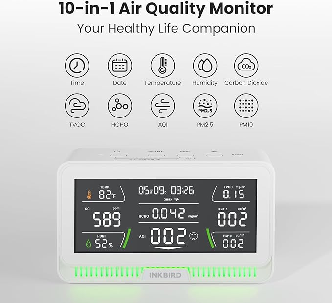 10-in-1 Air Quality Monitor with WiFi App Alerts | CO2, PM2.5, HCHO, TVOC Detector | 6.1" HD Display & 2Y Data Storage | Wall/Desk Mount for Home, Office, School (White)