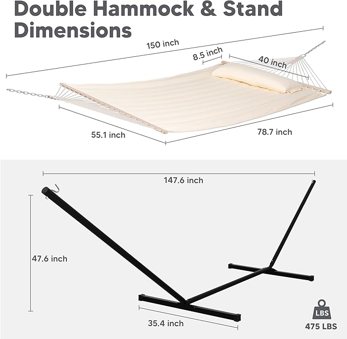 SUNCREAT Hammocks Extra Large Double Hammock with 12 ft Stand, 475lbs Capacity, Outdoor Portable Hammock with Hardwood Spreader Bar, Extra Large Pillow, Beige