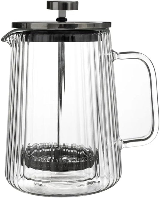 French Press Coffee Maker – 650ml (22oz) | Double-Wall Borosilicate Glass - Makes 4–5 Cups (1Cup = 4oz or 118ml) | Ribbed Manual Brewer with Stainless Steel Mesh Filter for Coffee & Tea