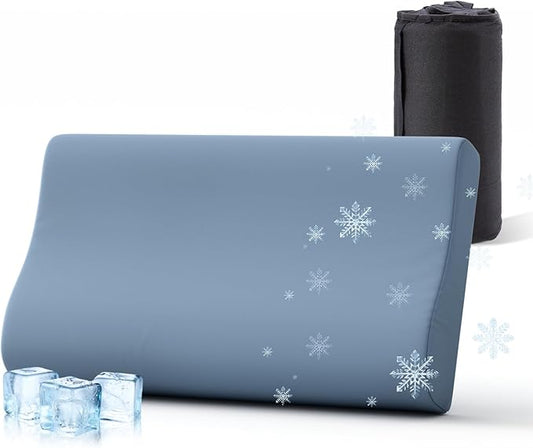 Camping Pillows for Sleeping - Memory Foam Travel Pillow 2 Heights Use - Small Travel Pillow for Camping, Hiking, Backpacking with Storage Bag (Blue)