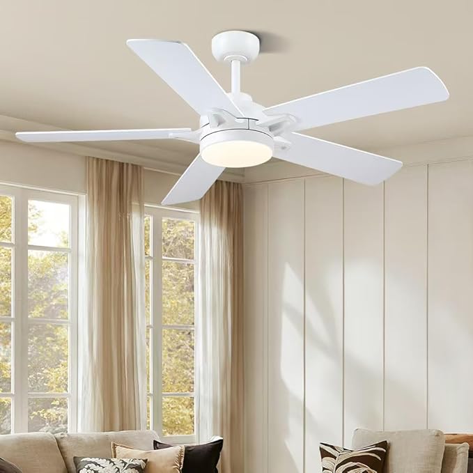 White Ceiling Fans with Lights - 52 Inch Low Profile Ceiling Fan with Remote/APP Control, 3CCT Dimmable LED Light, 6 Speeds Reversible, Modern Ceiling Fan Lights for Indoor/Outdoor Use