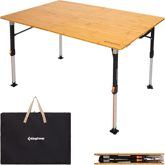 KingCamp Bamboo Folding Table, 4-Fold Camping Adjustable Height Portable Outdoor Lightweight & Compact Table with Aluminum Frame for RV Picnic BBQ Tailgating