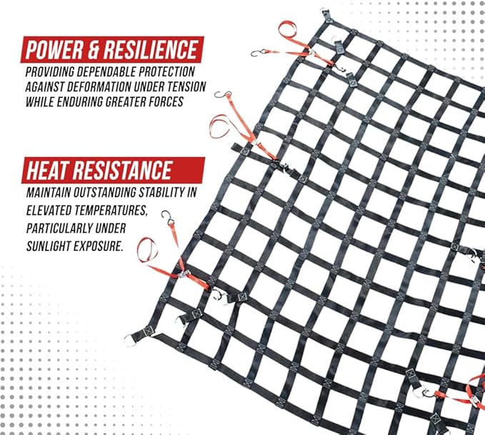Mytee Products 6' x 8' Heavy Duty Cargo Net for Pickup Truck Bed with D Rings Tie Down Fittings - Durable Truck Bed Cargo Net with 6 Cam Buckle Tie Down Straps for Adjusment