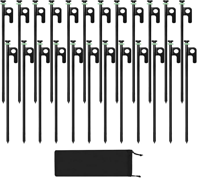 24Pcs Tent Stakes, 12in Heavy Duty Tent Stakes with Storage Pouch, Forged Steel Metal Stake for Tent Used on Rocky Place, Grassland, Dessert(24Pcs, 12in, Diameter 1/4")