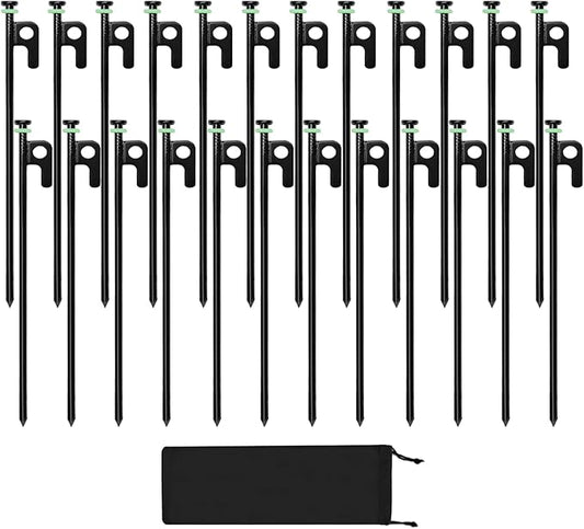 24Pcs Tent Stakes, 12in Heavy Duty Tent Stakes with Storage Pouch, Forged Steel Metal Stake for Tent Used on Rocky Place, Grassland, Dessert(24Pcs, 12in, Diameter 1/4")
