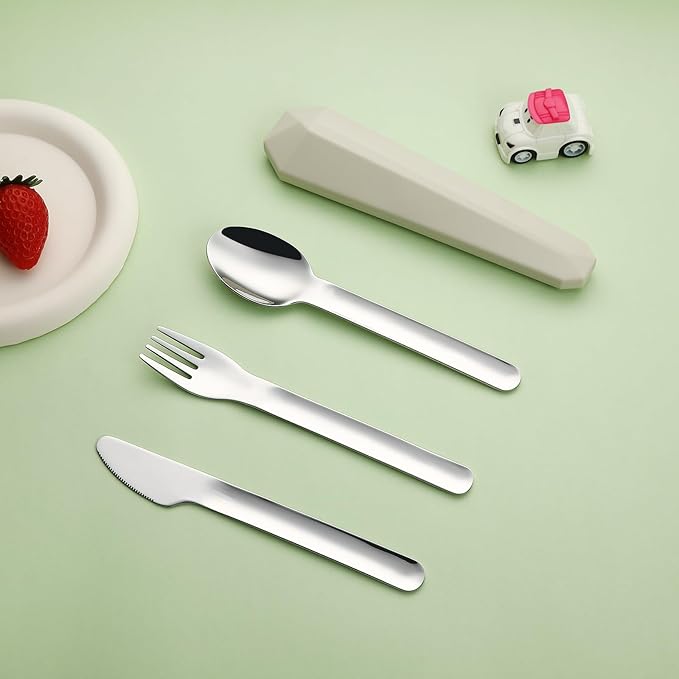 DEVICO Travel Utensils with Case, Reusable Camping Silverware Cutlery, 18/8 Stainless Steel Portable Fork Spoon Knife Set for Lunch Picnic School Workplace (Khaki)