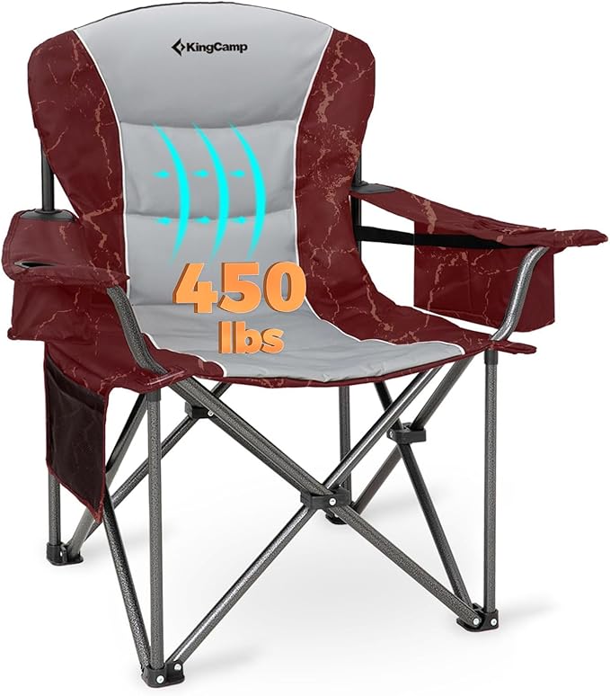 KingCamp Oversized Camping Folding Chair, Heavy Duty 450 LBS with Lumbar Support, Padded seat with Cup Holder&Cooler Bag, Ideal for Camp, Fishing, Sports Event, Backyard, Patio, Lawn(Lava Red)