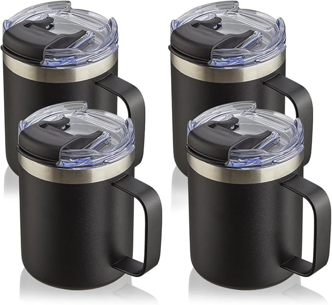 ALOUFEA 12oz Stainless Steel Insulated Coffee Mug with Handle, Double Wall Vacuum Tumbler Cup with Fliping Lid, Black, 4 Pack