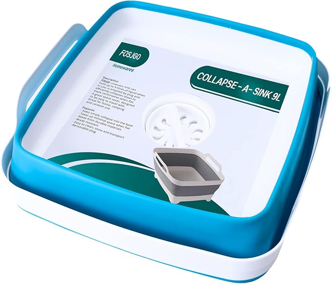 Dish Basin Collapsible with Drain Plug Carry Handles for 9 L Capacity, Collapsible Sink Tub, Dish Wash Basin, Portable Dish Tub, Foldable Dishpan for Camping Dish Washing Tub and RV Sink