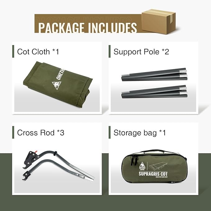 ONETIGRIS SUPRAGRIS Camping Cot, Support Up to 400lbs, Lightweight Comfortable Folding Bed for Camping, Hiking, Backpacking, Travel, Car Trips, Office Nap (Ranger Green)
