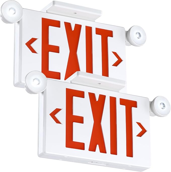 Gruenlich Exit Signs with Emergency Lights, 2 Adjustable LED Head with Battery Backup, 94V-0 Fire Resistant, AC 120/277V, Hardwired Commercial Emergency Light Combo for Business, 2 Pack