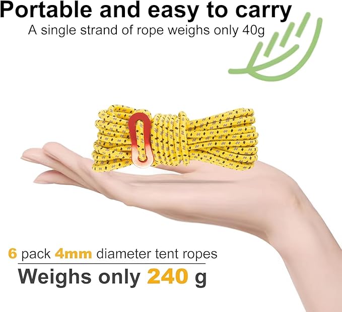 16.4ft 6 Pack 4mm Guy Lines Ultralight Tent Cords with Aluminum Adjuster Tensioner Outdoor Camping Guylines Ropes for Tent Tarp,Climbing,Hiking Backpacking (Yellow)