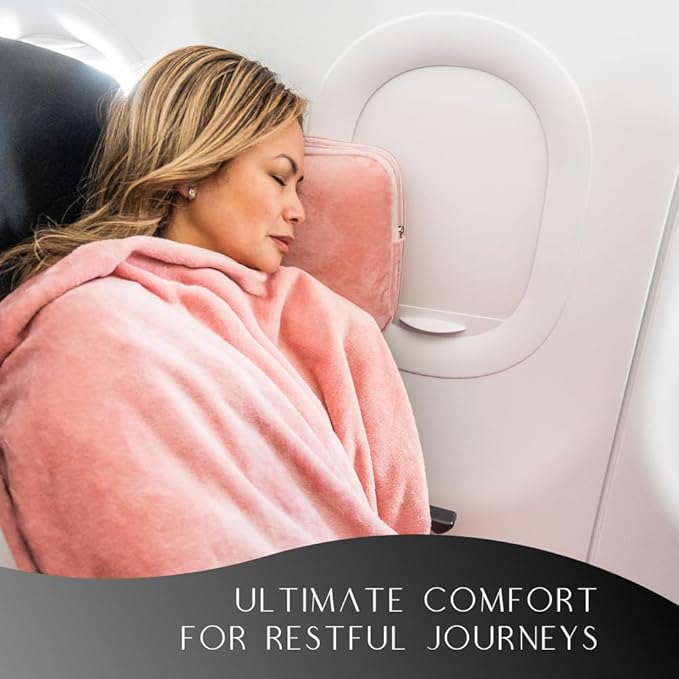 Travel Pillow and Blanket Set - 4-in-1 Ultimate Travel Kit with Memory Foam Pillow, Travel Blanket, Sleep Mask, and Earplugs-Ultimate Comfort and Coziness for Your Journeys - Pink