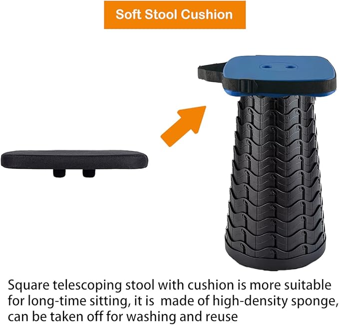 Collapsible Camping Stool with Seat Cushion & Nylon Bag, Square Portable Telescopic Stool, Lightweight Sturdy Foldable Stool for Camp Fishing Picnic, Max Load 550 lb