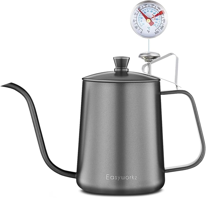Easyworkz Gage Gooseneck Pour Over Coffee Kettle 20 oz with Thermometer Stainless Steel Hand Drip Coffee Pot With Long Narrow Spout