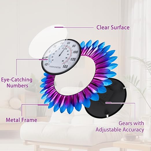 VEWOGITF Outdoor Thermometer, Metal Wall Themometer No Need Battery, Purple Blue Flower Indoor Thermometer with Large Number for Patio Room Decor