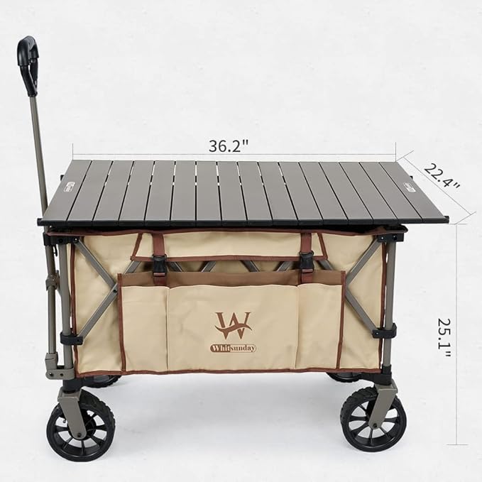 Whitsunday Folding Collapsible Wagon Cart, Beach Heavy Duty Wagon with Table,Utility Grocery Cart for Camping Sports Outdoor Shopping Park Khaki