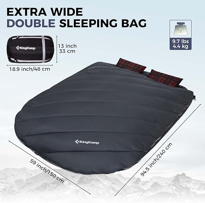 KingCamp Double Sleeping Bag for Adults, Queen Size 2 Person XXL Flannel Sleeping Bag, Waterproof Lightweight Flannel Quilt with 2 Pillows, Perfect for Couples Family Camping Hiking