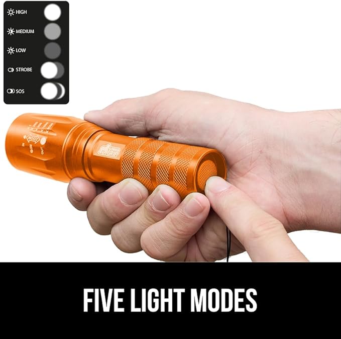 GORILLA GRIP Powerful LED Tactical Flashlight, 750 FT High Lumens 5 Adjustable Modes, Water Resistant, Ultra Bright Zoom Flashlights, Small Mini Flash Light, Camping, Night Dog Walking, Orange
