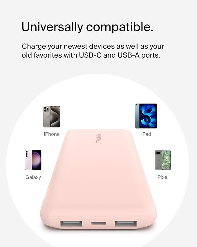 Belkin Portable Charger, USB-C Power Bank 10000 mAh w/ 1xUSB-C & 2xUSB-A Ports, 15W w/ Type-C to Type-A Cable - iPhone 17, Samsung Galaxy S25, Google Pixel 10, Nintendo Switch 2, etc. - Rose Gold