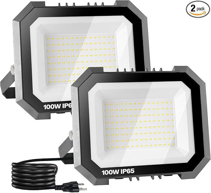 2 Pack LED Flood Lights Outdoor, 100W 10000LM Super Bright Floodlight Outside Work Light with 5.9FT Plug, IP65 Waterproof 6000K Outdoor LED Flood Light for Garage, Yard, Lawn, Garden