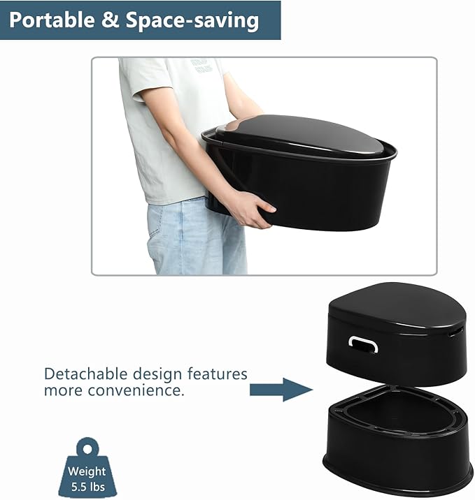 VINGLI Portable Toilet | Indoor Outdoor Commode w/Detachable Inner Bucket & Removable Paper Holder, Lightweight & Compact for Camping, Boat, Van, Emergency Use (Black)