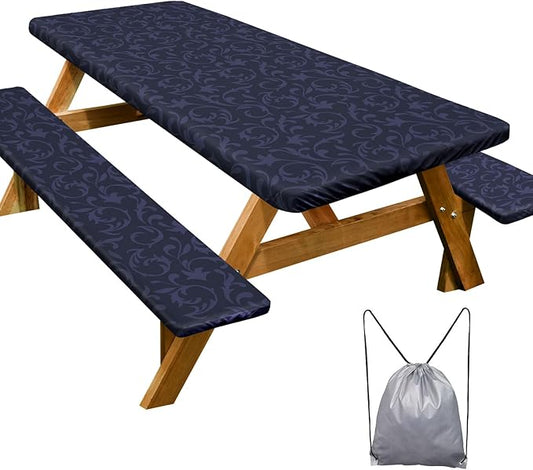 Picnic Table Cover with Bench Covers Camping Essentials Waterproof Windproof Camping Tablecloth with Drawstring Bag, Fitted Rectangle Tables and Seats, 72in, Midnight Blue
