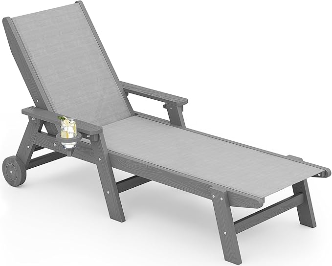 SERWALL Patio Chaise with 5 Positions - Textilene Outdoor Lounge Chair, Rolling Wheels - Poolside, Deck, Grey