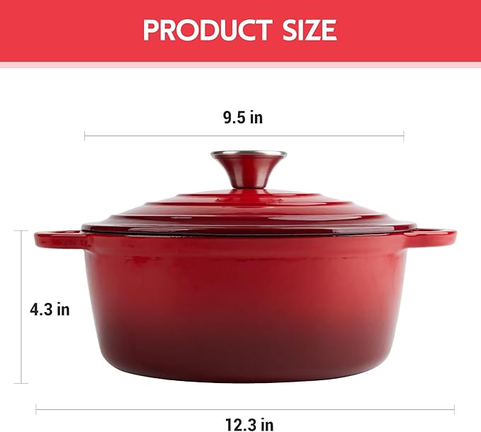 4.5 Quart Dutch Oven Enameled Cast Iron with Lid - Big Dual Handles - Oven Safe up to 500°F - Classic Round Pot for Versatile Cooking Red