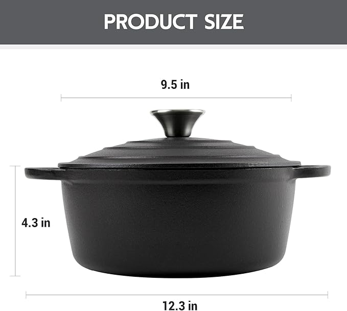 4.5 Quart Dutch Oven Enameled Cast Iron with Lid - Big Dual Handles - Oven Safe up to 500°F - Classic Round Pot for Versatile Cooking Matte Black(No Enameled