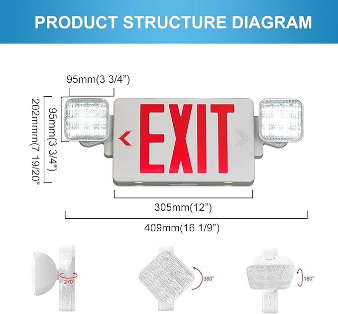 Double Sided LED Emergency EXIT Sign, Exit Combo Remote Capable, Two LED Lights, Backup Battery, US Standard Red Letter, Commercial Grade, 120-277V, FireResistant(UL 94V-0) - 4 Pack