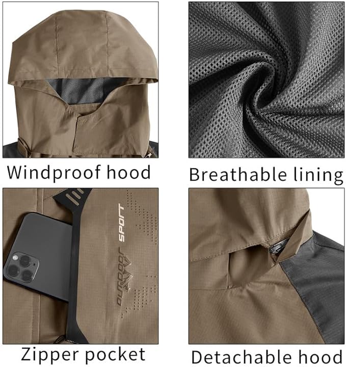 TEZO Mens Rain Jacket Waterproof with Hooded Hiking Coat Lightweight Windbreaker