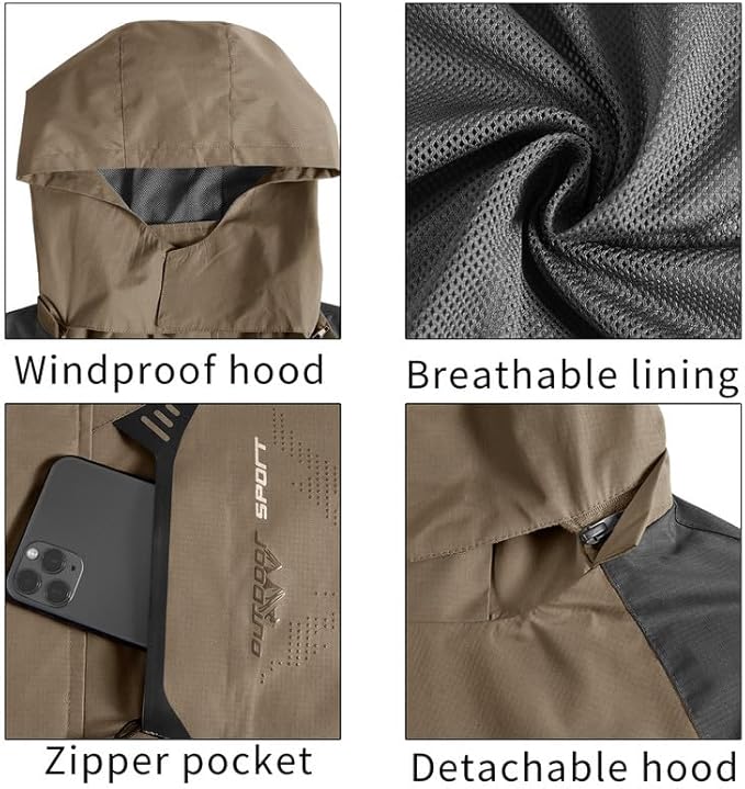 TEZO Mens Rain Jacket Waterproof with Hooded Hiking Coat Lightweight Windbreaker