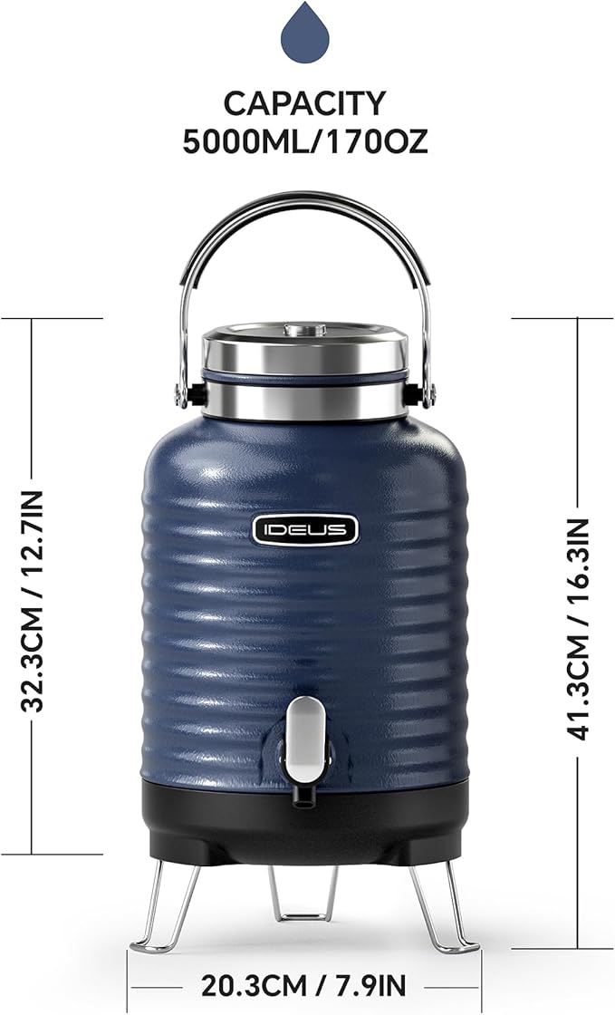 IDEUS Insulated Beverage Dispenser 5.2L, All-in-one for Camping Vacuum Double-Wall Stainless Steel Water Cooler Coffee Carafe Jug Leakproof Drink Container with Handle, Spigot & Stand (Blue)