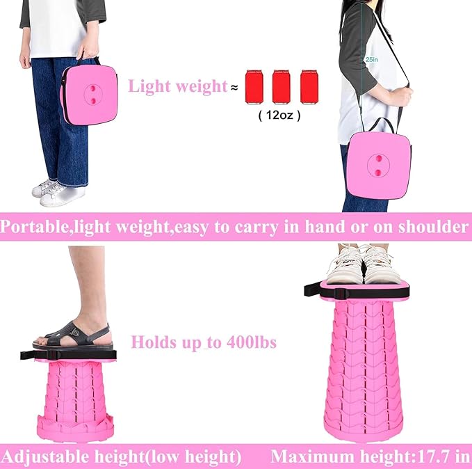 Fishboy Upgraded Square Collapsible Stool, 400lbs Max Weight, Lightweight But Sturdy, Portable Retractable Folding Telescoping Foldable Camping Stool for Adults Outdoor Fishing Hiking Travel BBQ