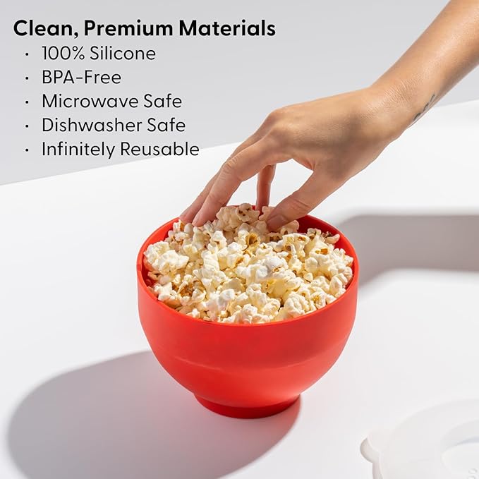 W&P Microwave Silicone Personal Popcorn Popper Maker | Red | Collapsible Bowl w/Built In Measuring Cup, BPA Free, Eco-Friendly, Waste Free, 4 Cups of Popped Popcorn