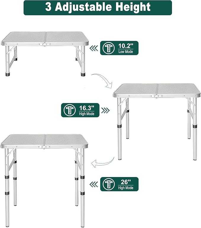 REDCAMP Small Camping Table 2 Foot, Portable Aluminum Frame Folding Table Adjustable Height Lightweight for Picnic Beach Outdoor Indoor, White 24 x 16 inch (3 Heights)
