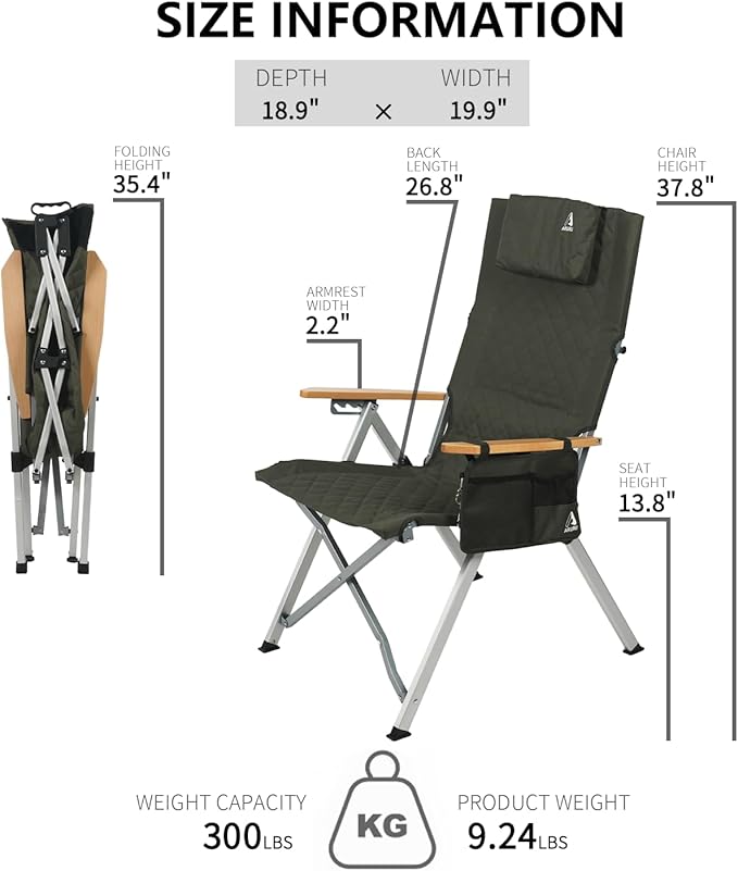 Reclining Camping Chair 2 Pack, Folding Lawn Chairs with 4-Stage Adjustable High Back for Adults Heavy Duty, Compact Foldable Outdoor Patio Recliner Chair with Side Bag(Green)