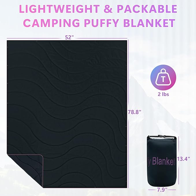 Camping Outdoor Blanket, Lightweight Packable Down Alternative Puffy Camping Picnic Blankets Warm Waterproof Hammock Top Quilt for Sleeping Travel Stadium Hiking Indoor Cold Weather 55"x78.8"