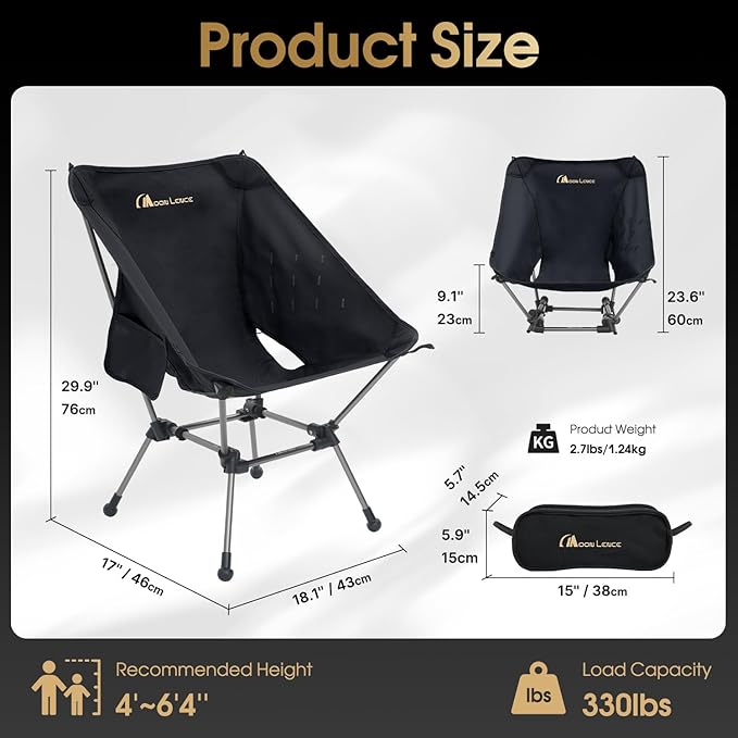 MOON LENCE Portable Camping Chair Plus, Larger & Roomier, Compact and Lightweight Still, Folding Chair for Backpacking & Hiking, 330Lbs Capacity (Black)