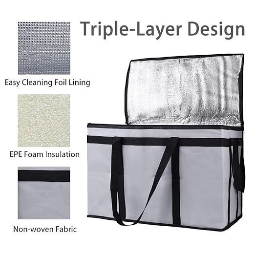 Bodaon 5-Pack Insulated Food Delivery Bag for Hot and Cold Meal, XXX-Large Grocery Tote Insulation Bag for Catering, Pizza Warmer, Cooler/Thermal Bags, Grey