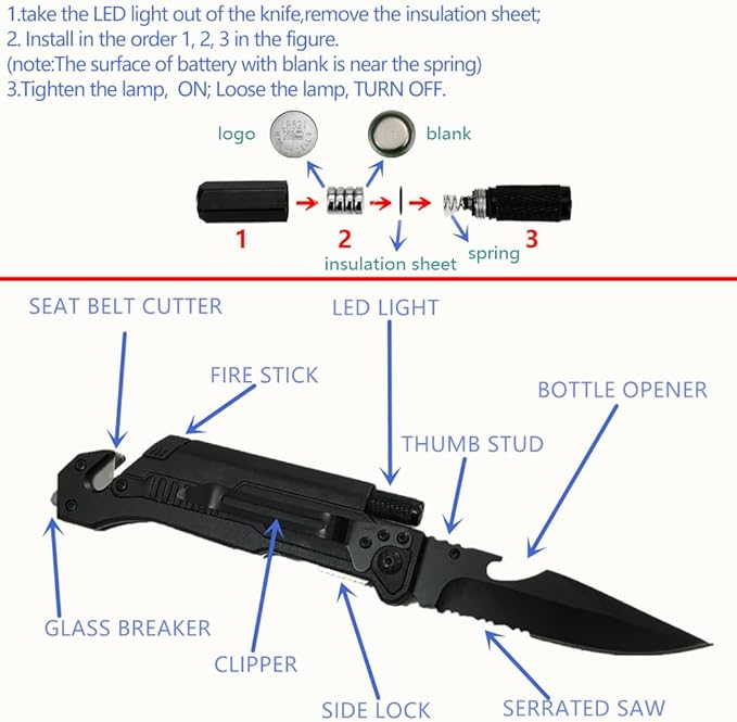 ALBATROSS 6-in-1 Survival Tactical Military Folding Pocket Knives with LED Light,Seatbelt Cutter,Glass Breaker,Magnesium Fire Starter,Bottle Opener;Multi-Function Emergency Tool(Black)