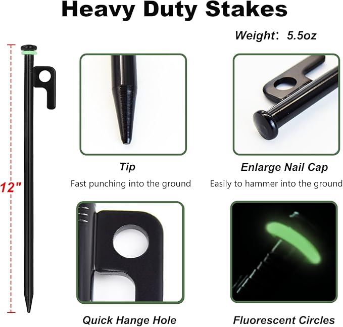 10Pcs Tent Stakes, 12in Heavy Duty Tent Stakes with Storage Pouch, Forged Steel Tent Sakes Metal, Metal Stakes for Tent Used on Grassland, Snowfield, Dessert(10Pcs, 12in, Diameter 3/8")