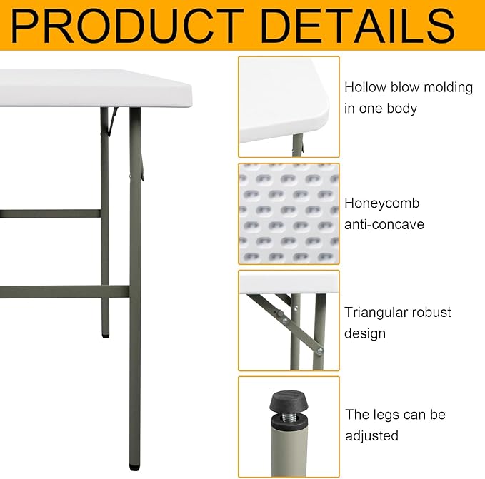 Folding Table 2.7ft Rectangular All-Occasion Plastic Folding Event Table for Indoor and Outdoor, Portable Desk, Camping, Durable and Stable, HDPE and Steel, Wide Application, White