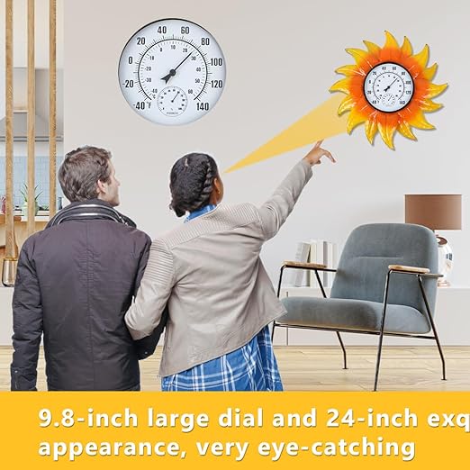 Large Sunflower Outdoor Thermometer No Need Battery, Outdoor Wall Thermometer with Humidity, Outside Thermometer Decorative for Patio, Backyard, Garden, Living Room