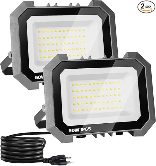 2 Pack LED Flood Lights Outdoor, 50W 5000LM Super Bright Floodlight Outside Work Light with 5.9FT Plug, IP65 Waterproof 6000K Outdoor LED Flood Light for Garage, Yard, Lawn, Garden